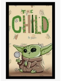 Star Wars The Mandalorian Child Illustration Framed Wood Wall Art