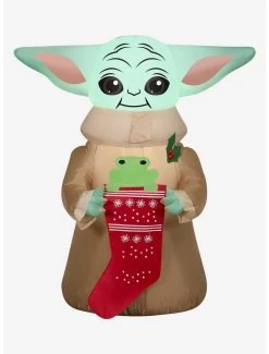 Star Wars The Mandalorian Grogu With Frog In Stocking Airblown